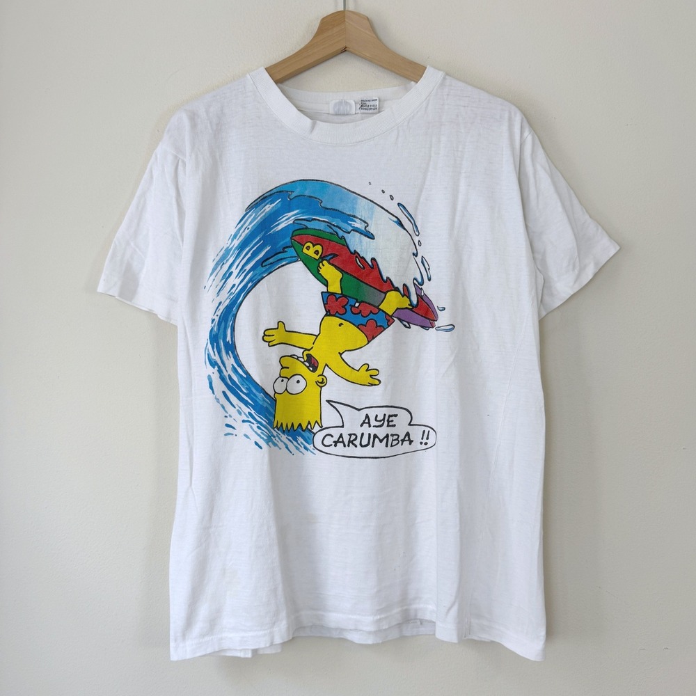 Vintage 90's The Simpsons Bart Surfing Surf Cartoon Aye Carumba White Tee Shirt